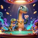 Engage in thrilling hubet gaming with a giant cartoon dinosaur overlooking a lively casino scene.