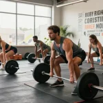 Actieve fitnessomgeving met mensen die trainen in de Unique Pharma Shop, inclusief gewichtheffen en yoga.