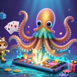 Win big at bl555 with spectacular ocean-themed 3D illustration of a kraken, diving cat, and casino elements.
