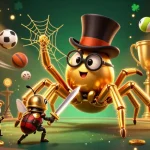 Engaging scene showcasing NHÀ CÁI LUCKY88 with a giant golden tarantula and beetle knight among casino elements and golden treasures.