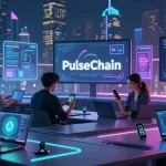 PulseChain Bridge experience with individuals using laptops and smartphones in a futuristic setting.