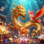 Vua88 captivates players with vibrant casino elements, featuring a golden dragon, phoenix, and koi in enchanting gaming scene.