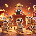 Bet88 meerkats expertly running a vibrant casino operation amid gold coins and colorful gems.
