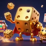 Join the action at ok365 with a vibrant scene of a golden dice golem showcasing slot games and lucky symbols.