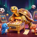 Experience thrilling games at 69vnn with an interactive golden tortoise pinball featured in this vibrant casino scene.