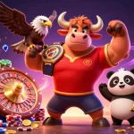 Celebrate winning moments at HIT CLUB with a dynamic scene featuring a bull mascot, eagle, and panda amidst casino excitement.