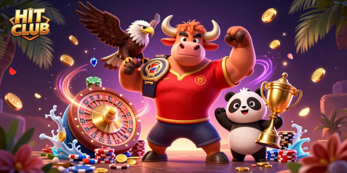 Celebrate winning moments at HIT CLUB with a dynamic scene featuring a bull mascot, eagle, and panda amidst casino excitement.