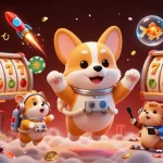 Experience vk88 in a dynamic casino scene with an astronaut corgi, poker reels, and colorful confetti.