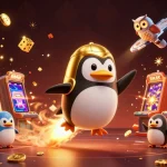 Spin and win with giải mã nhà cái, featuring a golden penguin and vibrant casino elements.