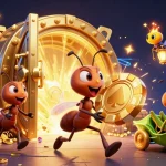 Join the heist with Link vào Uk88 as ants carry a huge poker chip amid sparkling treasures.