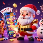 LUCK8 showcases a vibrant casino scene with Santa Claus, a reindeer dealer, and a poker chip snowman.