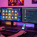 Permainan slot seru di KANGTOTO dengan jackpot terbesar, pemain beraksi di depan monitor modern.