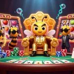 Nohu90vn showcases a vibrant 3D casino scene with slots and a cartoon mob boss.