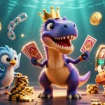 Engage with QQ88's lively casino scene featuring a T-Rex and friends in action.