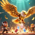 Engage with shbetcv as the cybernetic eagle dives through colorful playing cards in a vibrant casino scene.