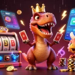 Play exciting games at hitclub with 3D T-Rex shuffling cards and vibrant casino elements.