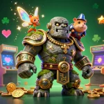 Join phjoy for an exciting gaming adventure, featuring a golem guardian and knight amidst vibrant arcade elements.