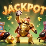 Engaging illustration showcasing đăng ký red88 with a victorious beetle lifting a poker chip amidst a vibrant casino atmosphere