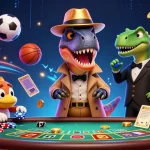 Engage with cm88 at an exciting blackjack table featuring animated dinosaurs in a quirky casino scene.
