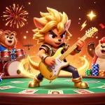 Experience the thrilling world of DEBET with a vibrant casino scene featuring rock star characters and poker gameplay.