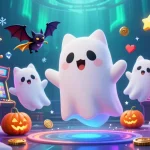 Experience the thrilling ambiance of jun88 with the floating ghost cat in a vibrant casino scene.