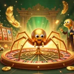 Experience the excitement of crazyvegas as a golden spider spins a roulette wheel web in a vibrant casino scene.