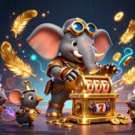 Spin the golden slot machine with UK88's steampunk elephant engineer among vibrant casino elements.