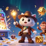 Experience J88's golden casino treasures unveiled by an adventurous cat and monkey.