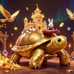 Engage with the sin88 casino experience featuring a golden tortoise casino, rabbit dealer, and flying coins.