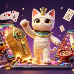 Engage in thrilling gambling with TA88 as a lively Egyptian mummy cat emerges at a vibrant pyramid casino.