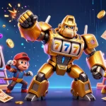 Casino ku88 showcases an exciting golden gorilla mech surrounded by vibrant gaming elements.
