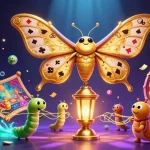 Cakhiatv showcases a dynamic 3D scene of a casino-themed illustration featuring a golden atlas moth and vibrant lottery elements.