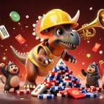 Experience the excitement of xoilac with animated dinosaurs building poker chips amidst festive elements.