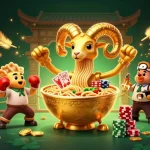 U888's dynamic casino scene with a giant ramen bowl dealer and themed characters engaged in gaming