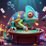Experience QS88 with a vibrant chameleon casino owner amidst gold coins and underwater treasures.