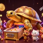 Engage in exciting slot gameplay at j77 with a lively scene of golden tortoise, crypto elements, and vibrant colors.