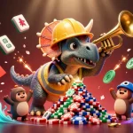 J88 interactive scene with a triceratops and poker chips in a festive casino atmosphere