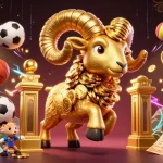 Engage with the exciting world of RED88, where a vibrant golden ram charges through a casino scene filled with dynamic sports elements.