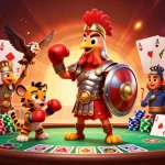 Experience the thrilling tx88 poker scene with a gladiator rooster, tiger cub, and classic elements.