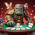 Experience the excitement of lu88s with a magical golem and poker elements in this vibrant 3D scene