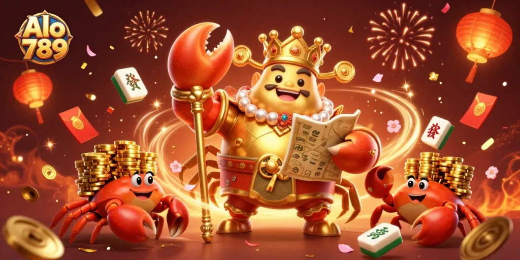 Engage with Alo 789's thrilling cockfighting scene featuring a lavish golden crab emperor.