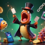 Immerse in the enchanting world of SKY88 where a magical eel performs thrilling card tricks amidst glowing crypto elements and casino treasures.