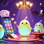 Kuwin casino illustration showing glowworms lighting a cave casino, engaging in slots and games.