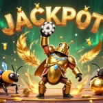 Engage with kuwin's jackpot excitement as a heroic beetle lifts a poker chip in a vibrant casino scene.
