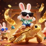 Enjoy thrilling gaming action with man88's vibrant cartoon scene featuring a lucky rabbit and golden sea turtle.