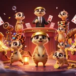 Engage with PHTAYA's vibrant gaming atmosphere in this cartoon illustration of meerkats running a casino.