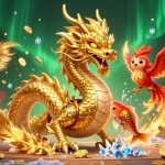 Experience vibrant gaming at luck8 with a majestic dragon and phoenix amidst dazzling gold coins.