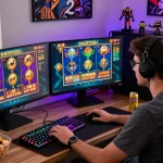 Katatogel gaming enthusiast immersed in vibrant online slot gameplay, showcasing a lively home gaming setup.