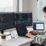 Build internal tools with AI in a vibrant office setting, showcasing coding and collaboration.