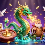 Experience thrilling gameplay with F168, featuring a powerful jade dragon and lucky symbols amidst dazzling casino elements.